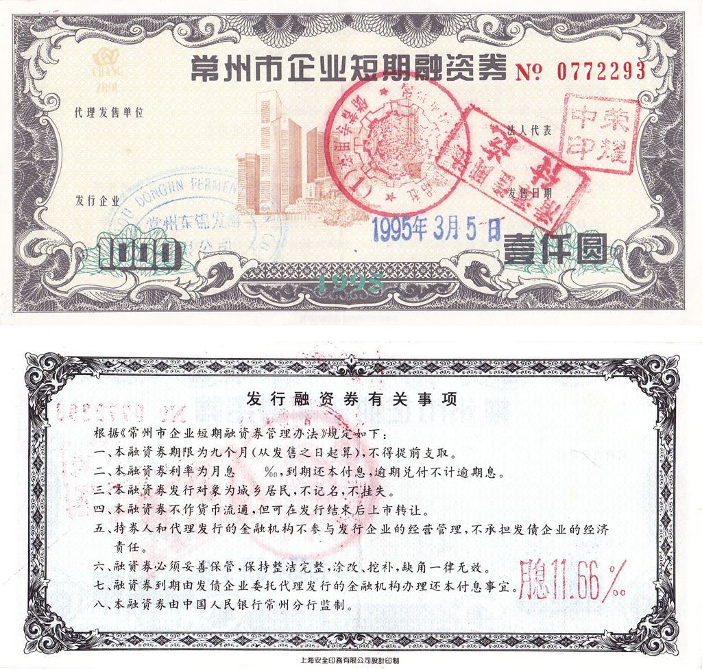 B8068, China Changzhou City Corporation Bond, 1000 Yuan, 1995